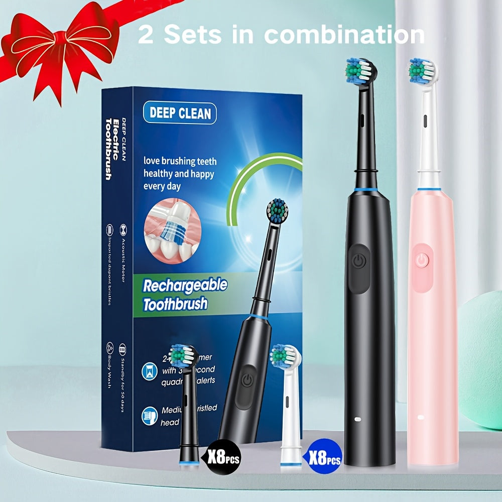 A set of 2 round electric toothbrushes with 8 brush heads, 2 color combinations, UCB-C charging, 5 modes including a super-fast cleaning mode, perfect gift for family and friends.