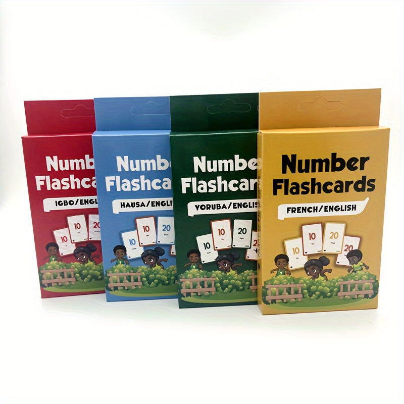 Educational cards for children teaching African languages - covering body parts, animals, numbers and multiplication, country themes, made of durable paper material.