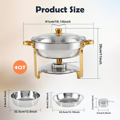 This set includes four 4-quart golden chafing dishes, complete with stainless steel round chafers topped with a glass lid for easy viewing. Each chafer also comes with a lid holder. Perfect for serving and keeping food warm at dinners, parties, weddings