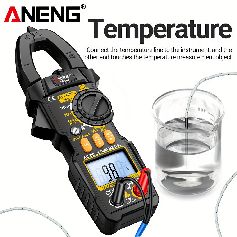 ANENG PN108 Clamp Meter with 6000 counts for measuring AC/DC voltage, 600A current, resistance, capacitance, and high precision testing.