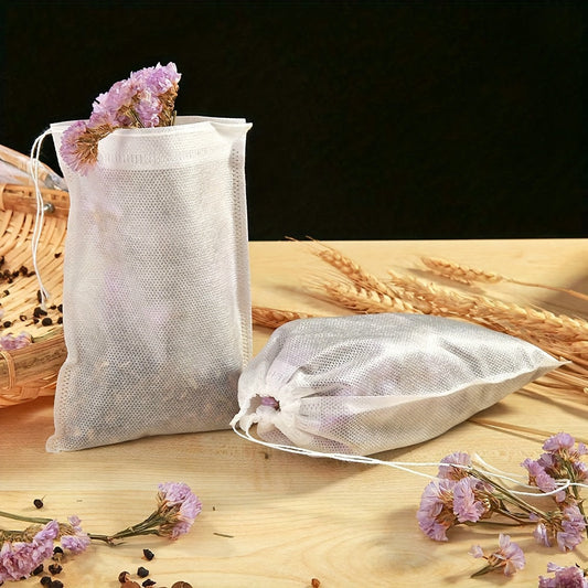 Bulk set of 100 disposable fabric tea bags, non-woven coffee filter pouches, perfect for food cooking infusion.