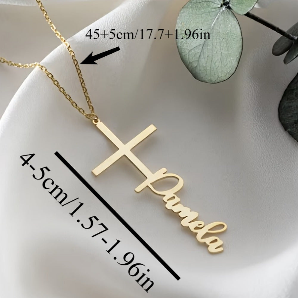 Personalize a name necklace pendant featuring a Middle Eastern style cross. Crafted with elegant stainless steel, this piece is perfect for everyday wear or music festivals. Share warm messages at parties or on vacation with this trendy and elegant