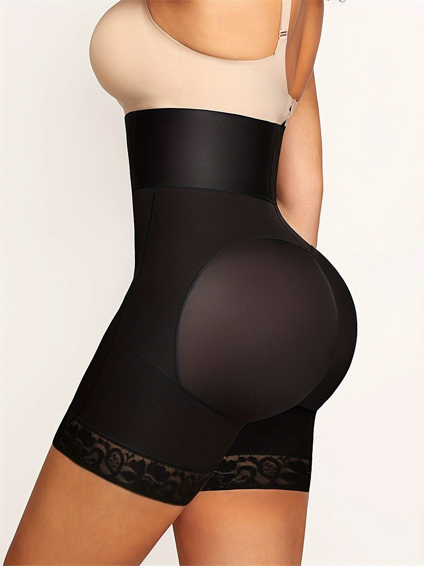 Buckle high waist shapewear with lace edges and leg shorts for belly and hip lift.