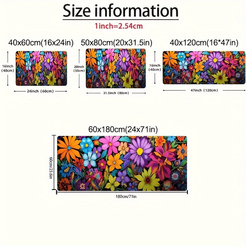 This Vibrant Floral Kitchen Mat is 1 piece, measuring 0.8mm thick. It is soft and thickened, making it perfect for use in the laundry room, bathroom, living room, or bedroom. The mat features a colorful flowers design and is made of 100% polyester. It is