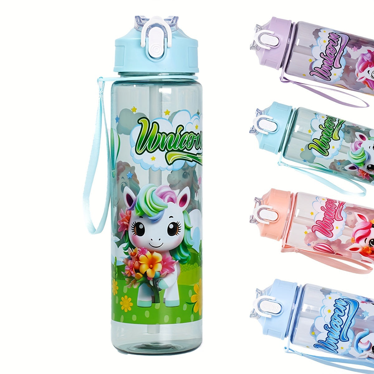 Pony-themed 25oz leakproof water bottle with straw is ideal for camping, travel, and fitness. Durable plastic, PVC-free, perfect for Christmas and Halloween. Hand wash only.