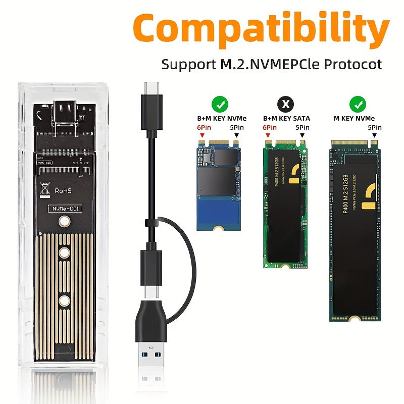 Clear USB Type C enclosure for M.2 NVME SSD with 10Gbps transfer speed.