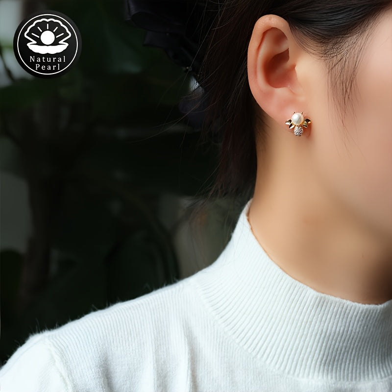 MUFAN Elegant Freshwater Pearl Earrings: A Pair of 6-7mm Round Pearls with 925 Sterling Silver Posts, Adorned with Cute Bee Design. Perfect for Daily Wear or Gifting. Natural Pearl Jewelry featuring June Birthstone, suitable for All-Season Luxury Style.