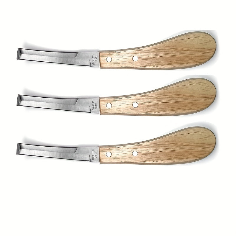 Hoof knife set with right-handed double-sided blade and rubber wooden handle, available in 2-piece or 3-piece sets.