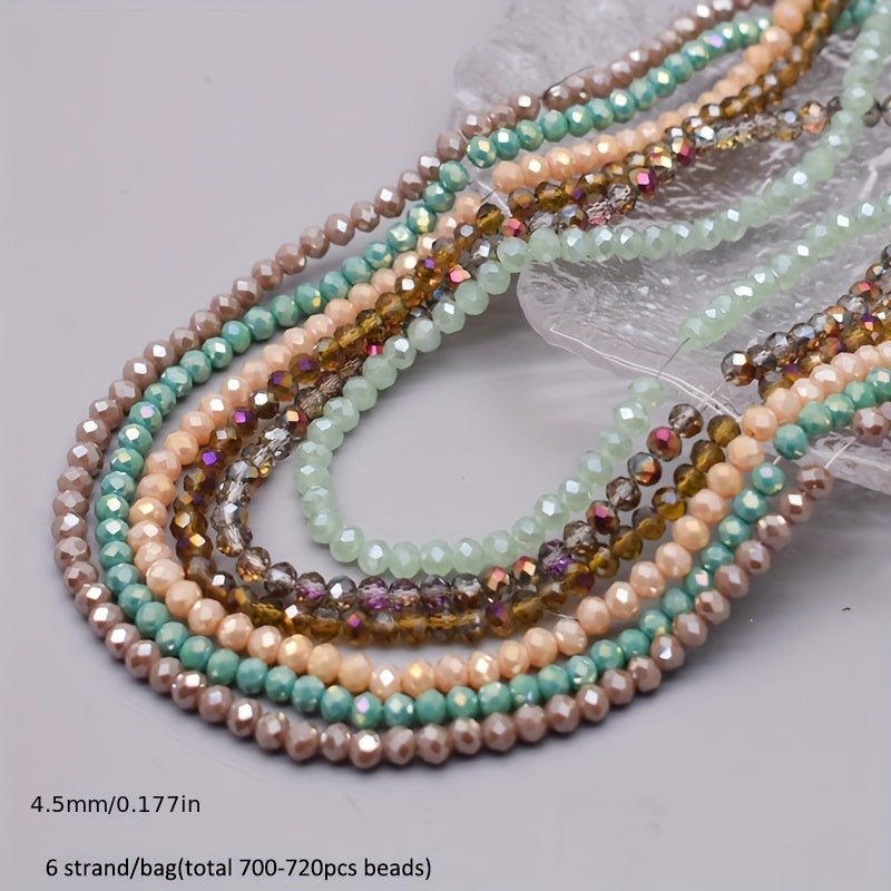 720 pieces of faceted glass rondelle beads measuring 4mm each, sold in a convenient bag. Perfect for crafting jewelry, DIY projects, and adding embellishments to clothing items such as necklaces, bracelets, and more.