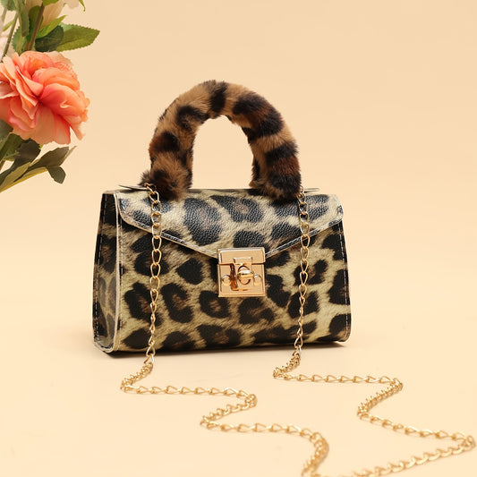 Furry chain crossbody bag with wrist lock and animal print, perfect for daily outings in autumn and winter.