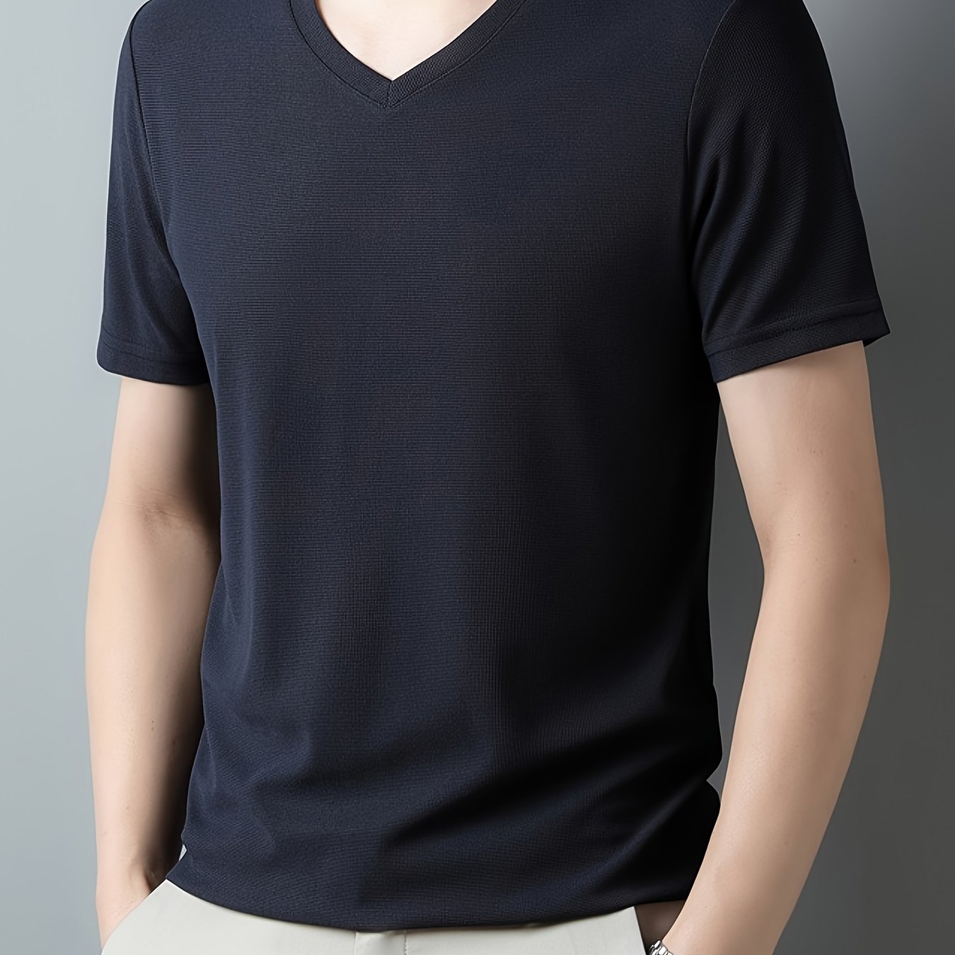 Men's casual short sleeve V-neck tee for summer outdoor wear.