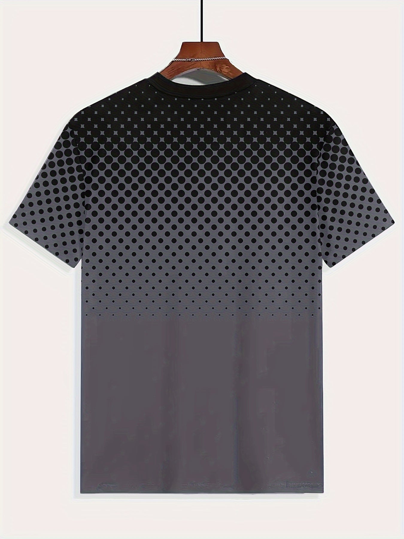 Men's Black Checkerboard T-Shirt with Classic Plaid Design and Gradient Blue Dot Print, made from Polyester Fabric. Casual Sports & Beach Style with Round Neck, Machine Washable.