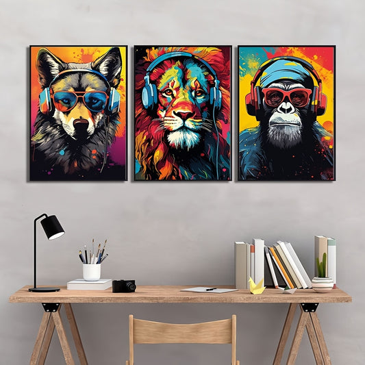 Canvas posters featuring modern art of animal earphones - tiger, wolf, and chimpanzees. Ideal for gifting or decorating bedrooms, living rooms, or corridors. No frame included.