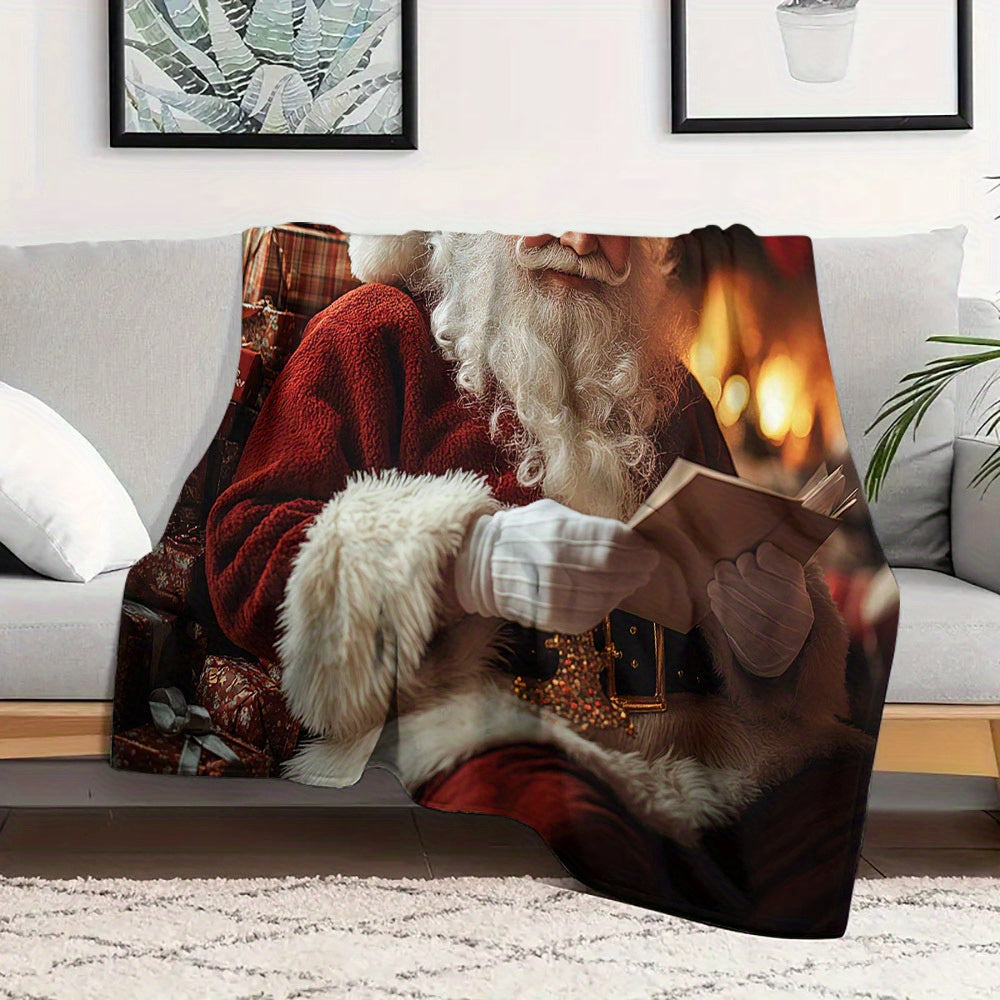 Cozy Flannel Fleece Throw Blanket featuring a Digital Cartoon Santa Print - Hypoallergenic Quilted All-Season Throw, perfect for keeping warm during naps. Makes an Ideal Christmas Gift for Family and Friends. Designed with a Contemporary Geometric