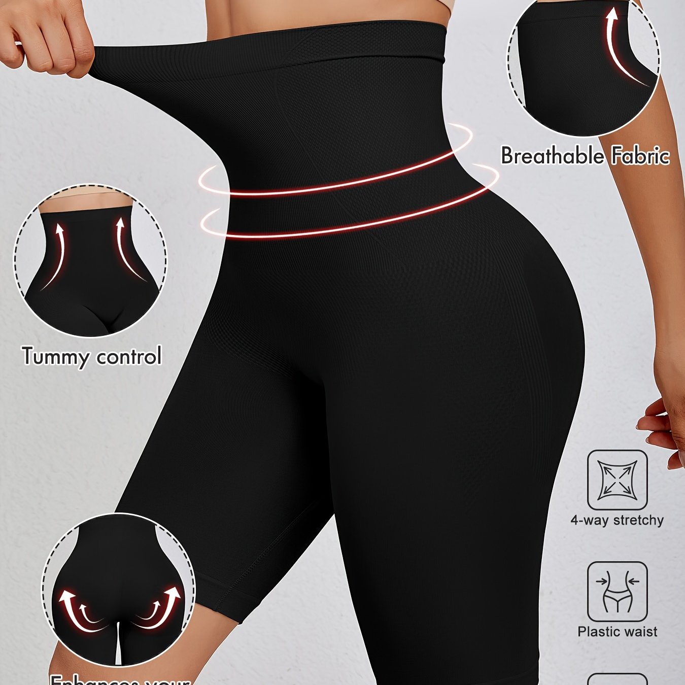 Seamless tummy control panties with waist cincher and butt lifter features, made from nylon and elastane blend.