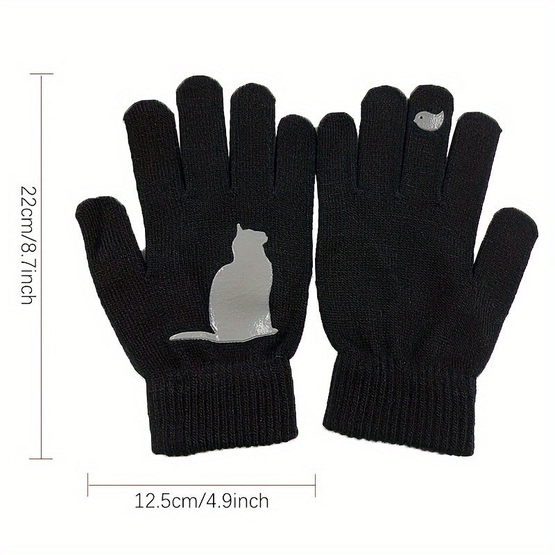 Stylish Cat Print Knit Gloves made for the cold weather, featuring a unique split finger design for added warmth and protection against the cold wind during Autumn and Winter.