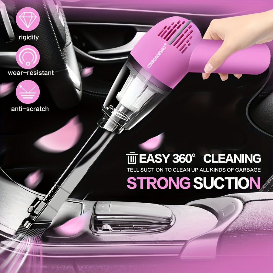 Portable mini handheld pink car vacuum cleaner with powerful suction, high capacity for wet and dry cleaning, perfect for removing pet hair and offering multifunctional use.