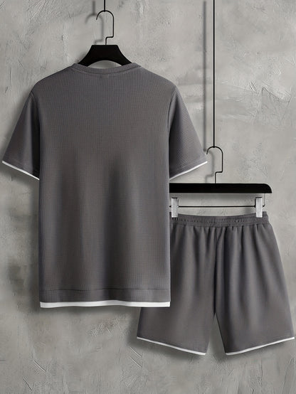 Two trendy outfits for men: casual crew neck short sleeve t-shirt and shorts set for summer, perfect for vacations and workouts.