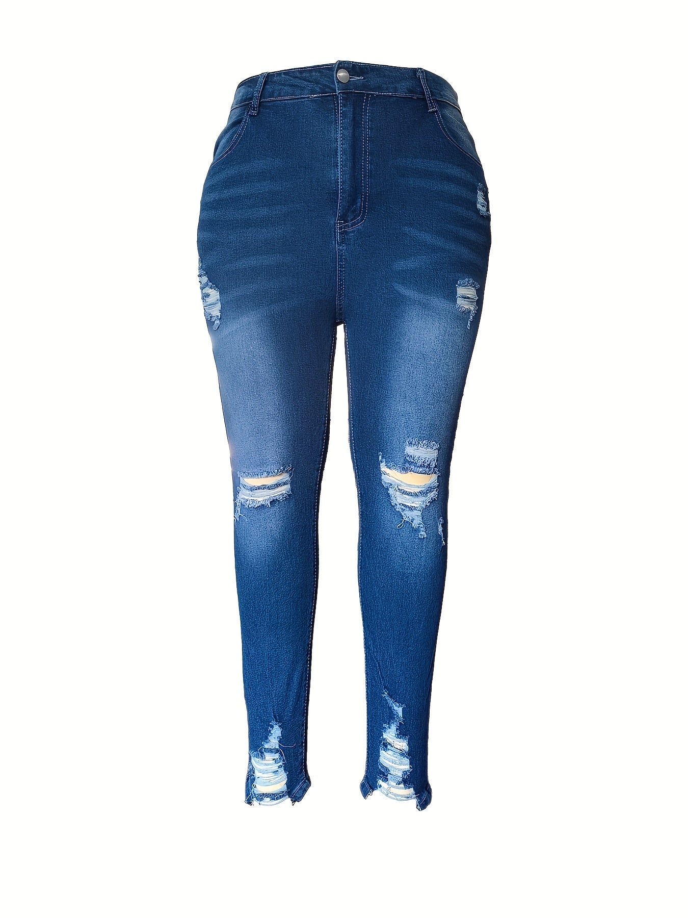 High-waisted ripped skinny jeans for women, with stretch denim blend of 95% spandex and 5% spandex. Solid color, 390g/m² woven fabric in fashionable distressed style. Suitable for all