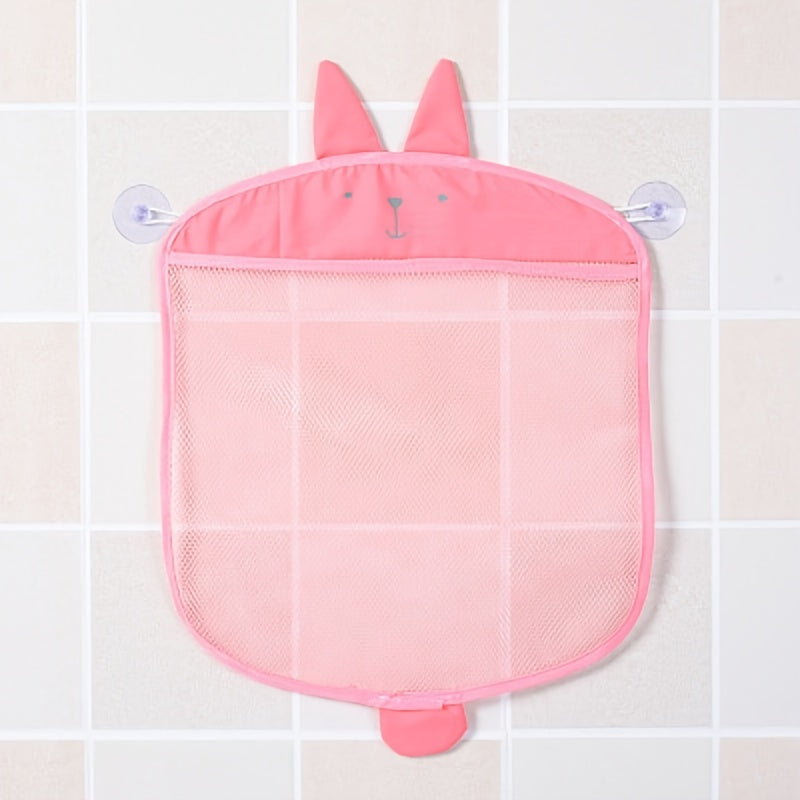 Mesh bag with suction cups for bathroom use, featuring cute cartoon animal shapes for storing cloth items and sand in the shower or bath.