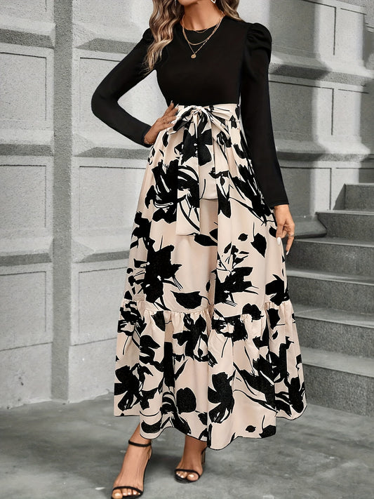 Floral print tie waist patchwork dress, elegant tiered long sleeve ankle length dress for spring and fall, women's clothing.