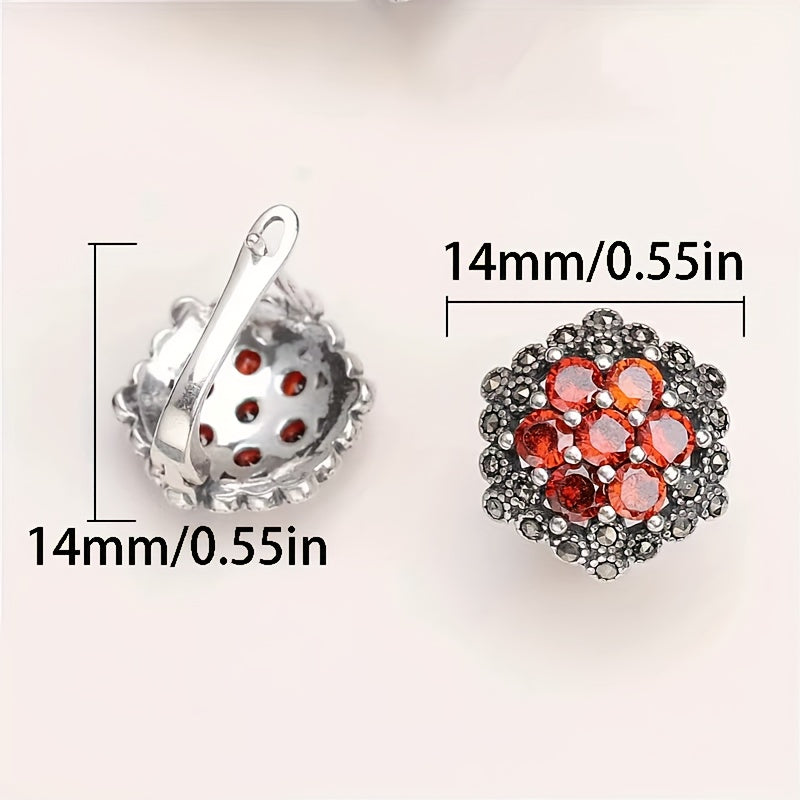 Sterling Silver Garnet Stud Earrings with Vintage Flower Design, Black Accent Stones, and Synthetic Zirconia. Hypoallergenic Ear Needle, High-Quality Jewelry Gift - 4.0g