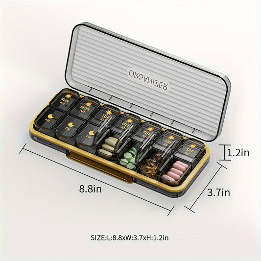 Weekly pill organizer with 14 compartments, modern design, strong plastic case with polypropylene backing