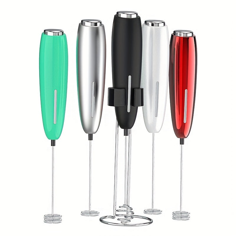 Battery operated handheld milk frother for creating creamy foam in drinks, perfect for coffee and cappuccinos.