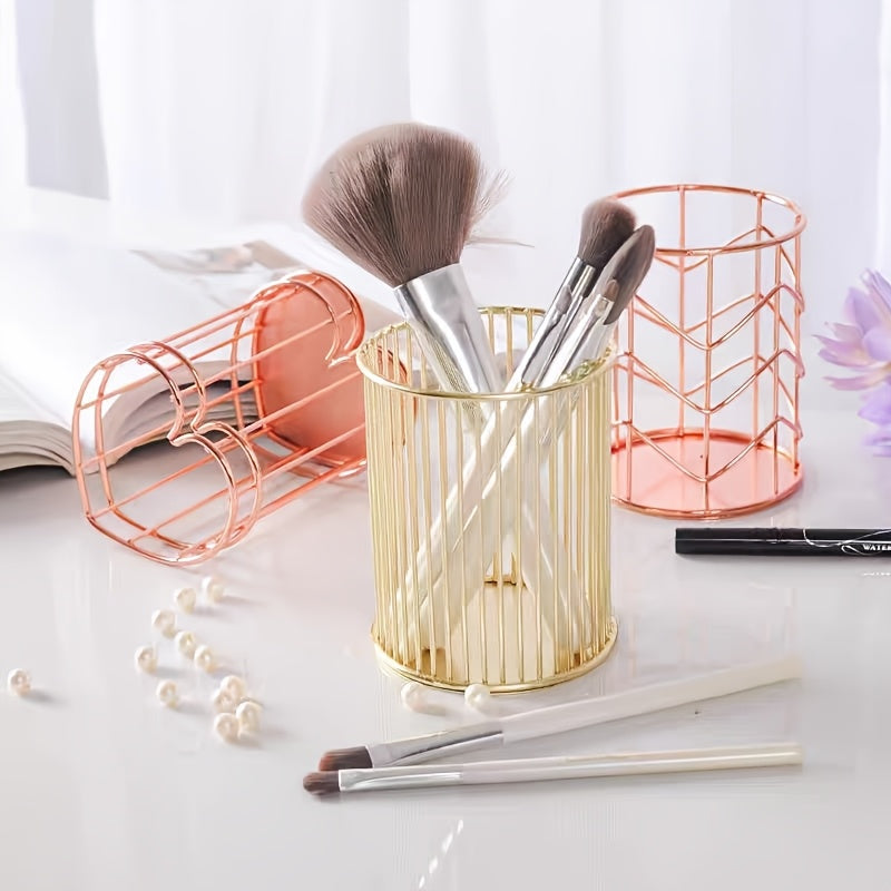 Stylish metal makeup brush holder doubles as a pen and pencil cup.