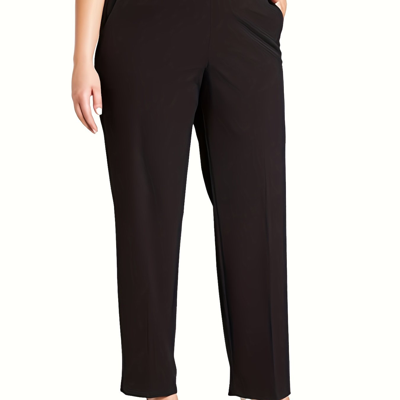 Stylish high-waisted straight-leg pants for plus-size women, made from stretchy polyester with pockets. Ideal for spring and fall.