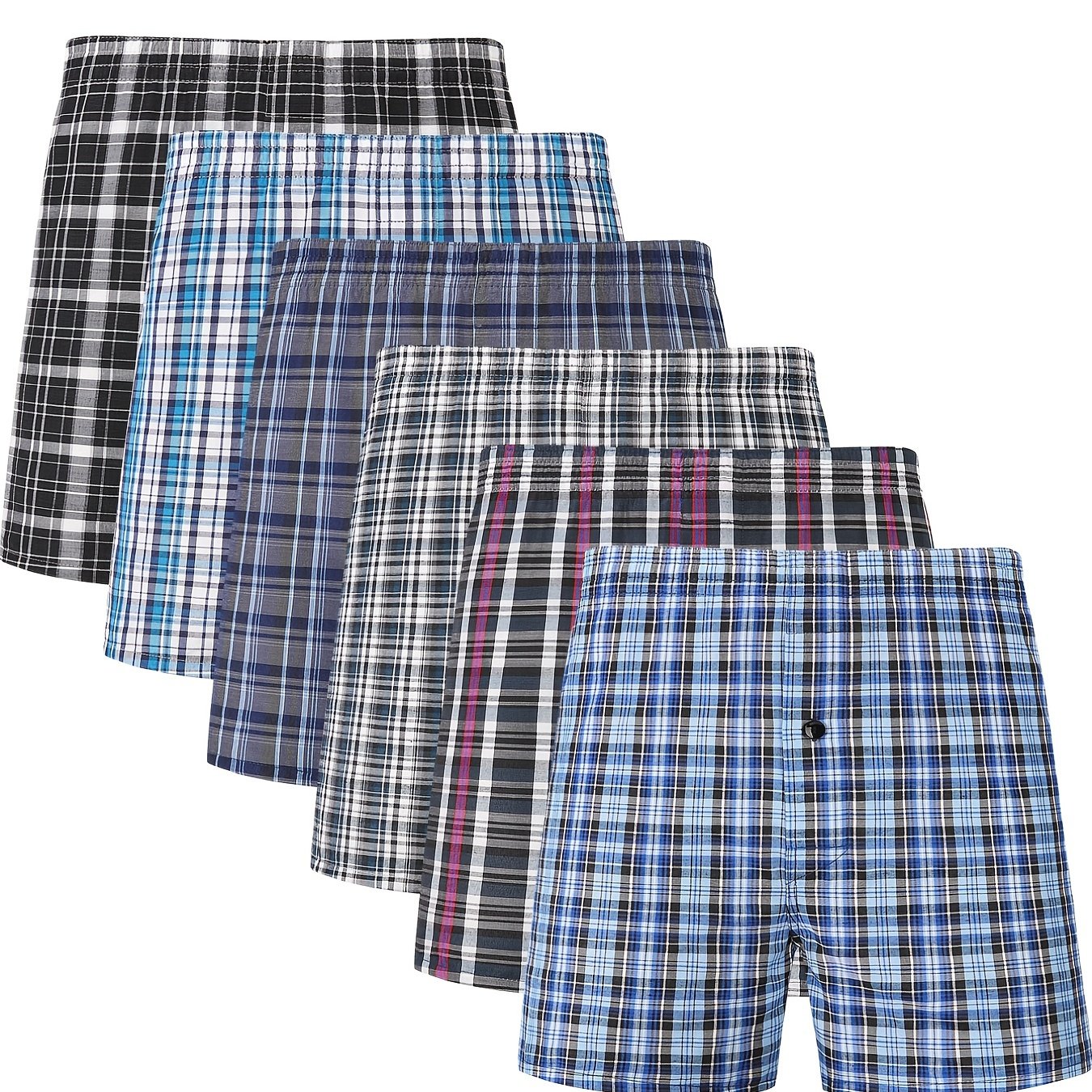 6 JupiterSecret Men's Plaid Boxer Shorts with elastic waistband and button detail.