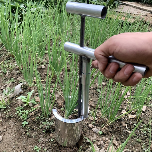 Stainless steel handheld gardening transplant tool for planting fruit trees, flowers, and vegetable seedlings.