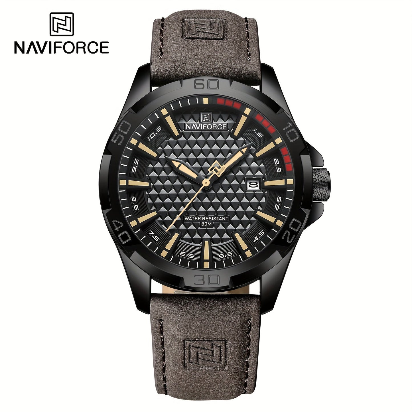 NAVIFORCE Men's Quartz Watch NF8023 features a casual style with a round alloy case and genuine leather strap. The watch also boasts a carbon fiber dial, 3ATM water resistance, and is powered by a battery-powered electronic movement.