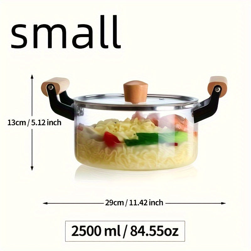 Glass Soup Pot with Lid and Double Wooden Handles - Perfect for Cooking Pasta, Noodles, Soup, Juice, and Milk. This Household Kitchen Cooker is a Safe and Reliable Glass Cookware Option for all your cooking needs. Complete your Kitchen Supplies with this