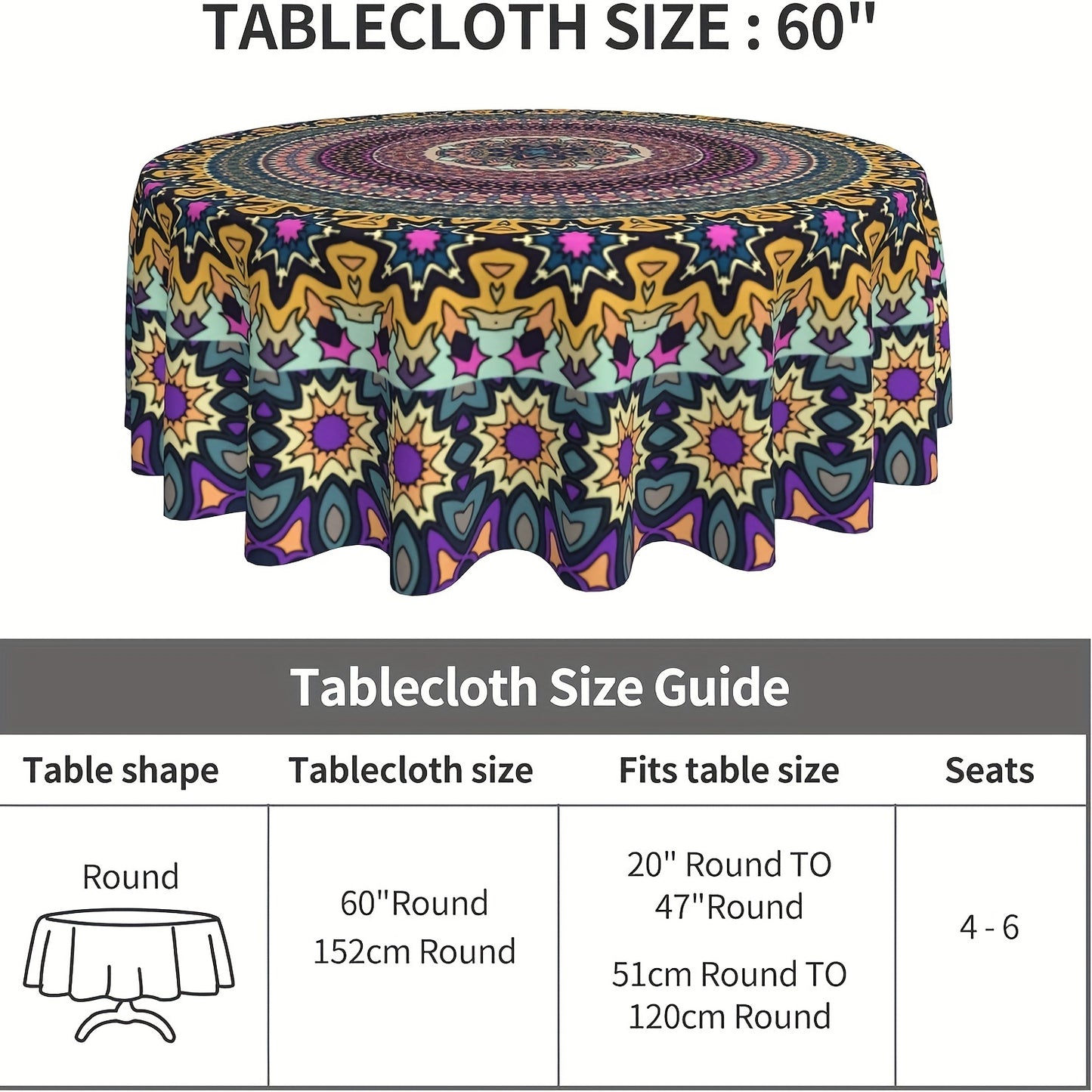 1 piece Bohemian Mandala Round Tablecloth - Waterproof Polyester for Kitchen, Dining, Holidays, Picnics, Camping