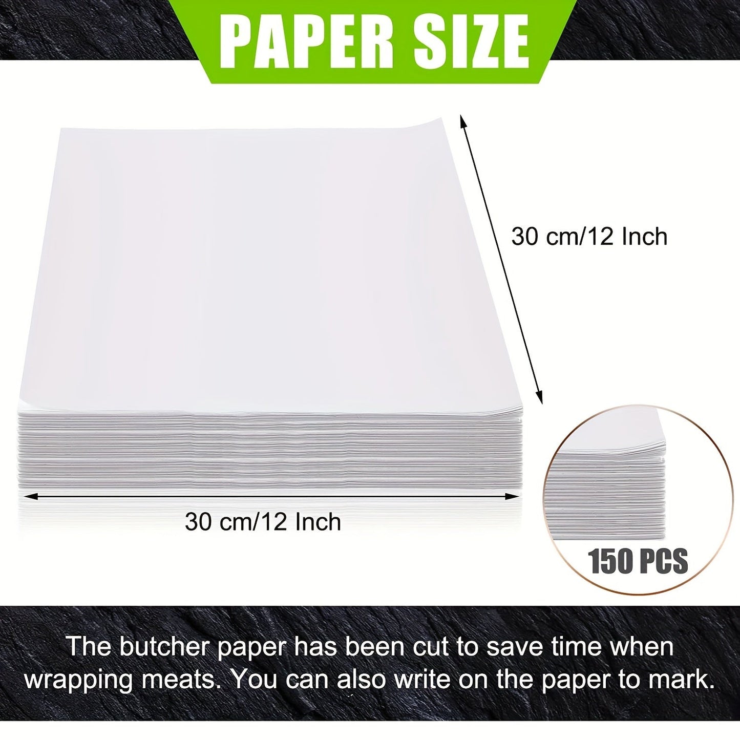 100 premium white butcher paper sheets, measuring 30.48x30.48 cm each. Disposable and resistant to tears and punctures, with no wax coating for food wrapping, meat trimming, art projects, and more. Ideal for BBQs, crafting, and kitchen use.