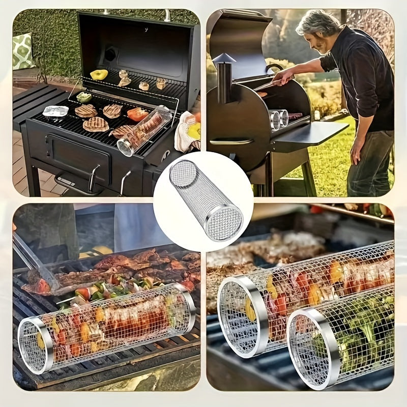 1pc BBQ net tube grill basket for grilling fish, vegetables, and more. Kitchen gadget for home and outdoor use. Some parts may vary.