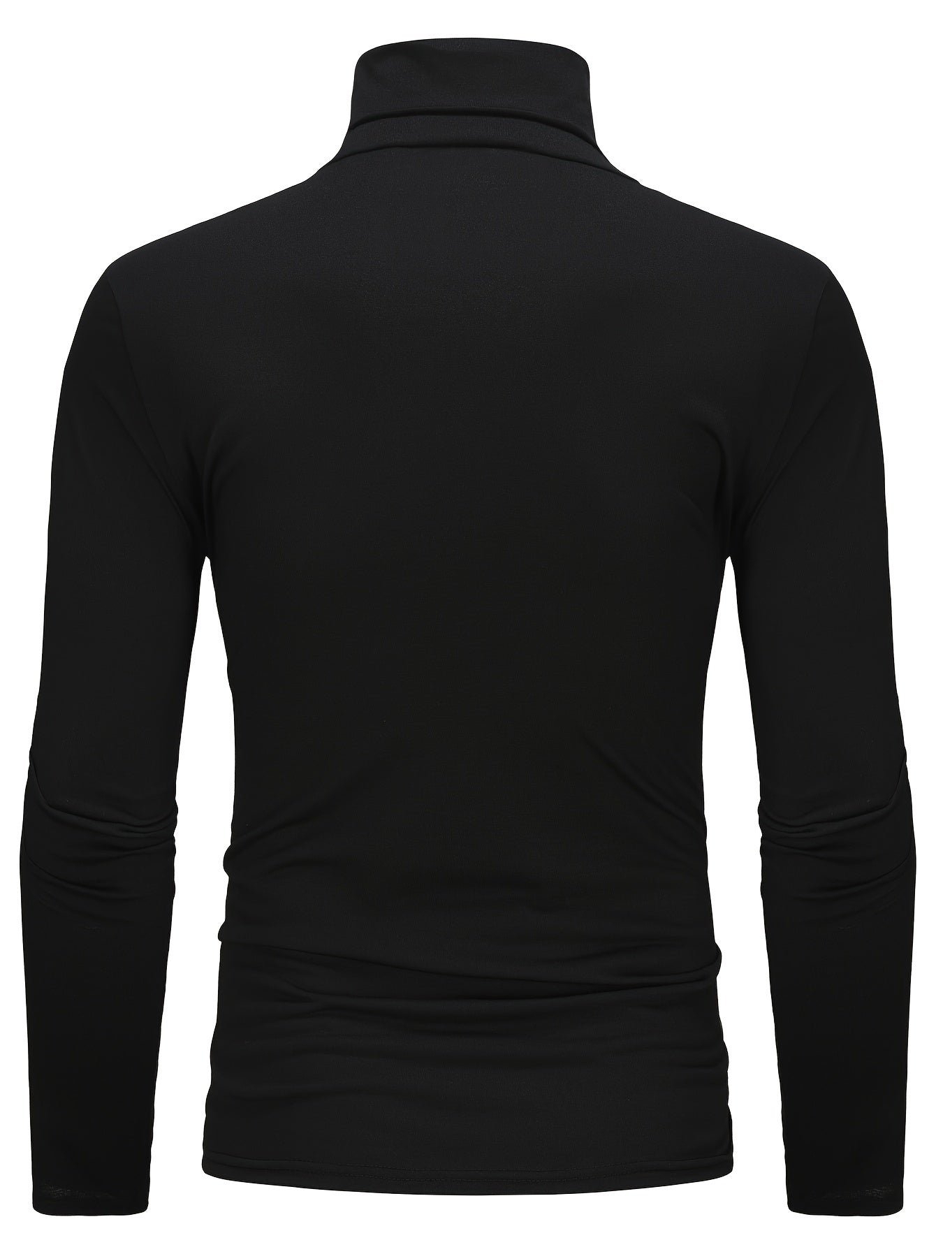 Three men's high neck long sleeve turtleneck t-shirts in solid color, made of polyester knit fabric with medium stretch, perfect for fall/winter.