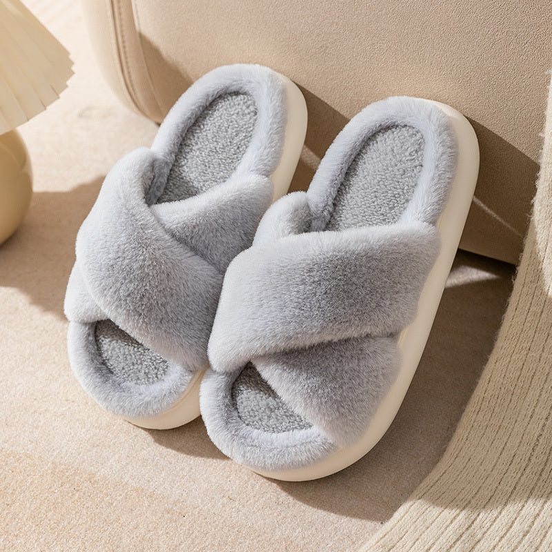 Women's fuzzy slippers with solid color, slip-on style, EVA sole, fabric upper/inner/insole, hand washable, suitable for all-season indoor/outdoor use in autumn and spring.