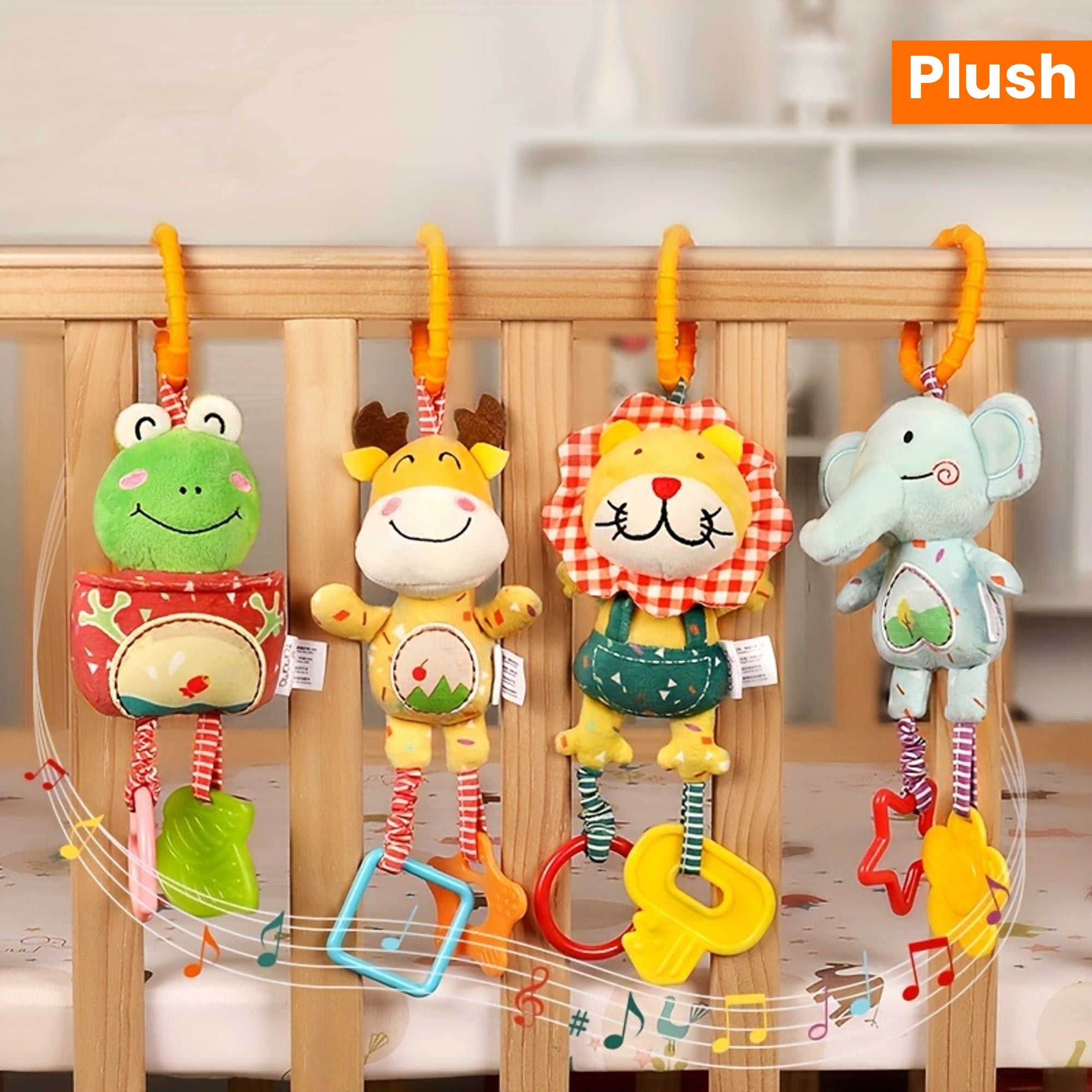 Plush Animal Baby Grip Toy Set - includes Lion, Frog, Elephant, and Fawn Toys with Wind Chime and Hanging Pendant for Crib, Suitable for Babies 0-3 Years - Educational Rattles, Perfect for Christmas, Thanksgiving, Halloween, and Easter Gifts.