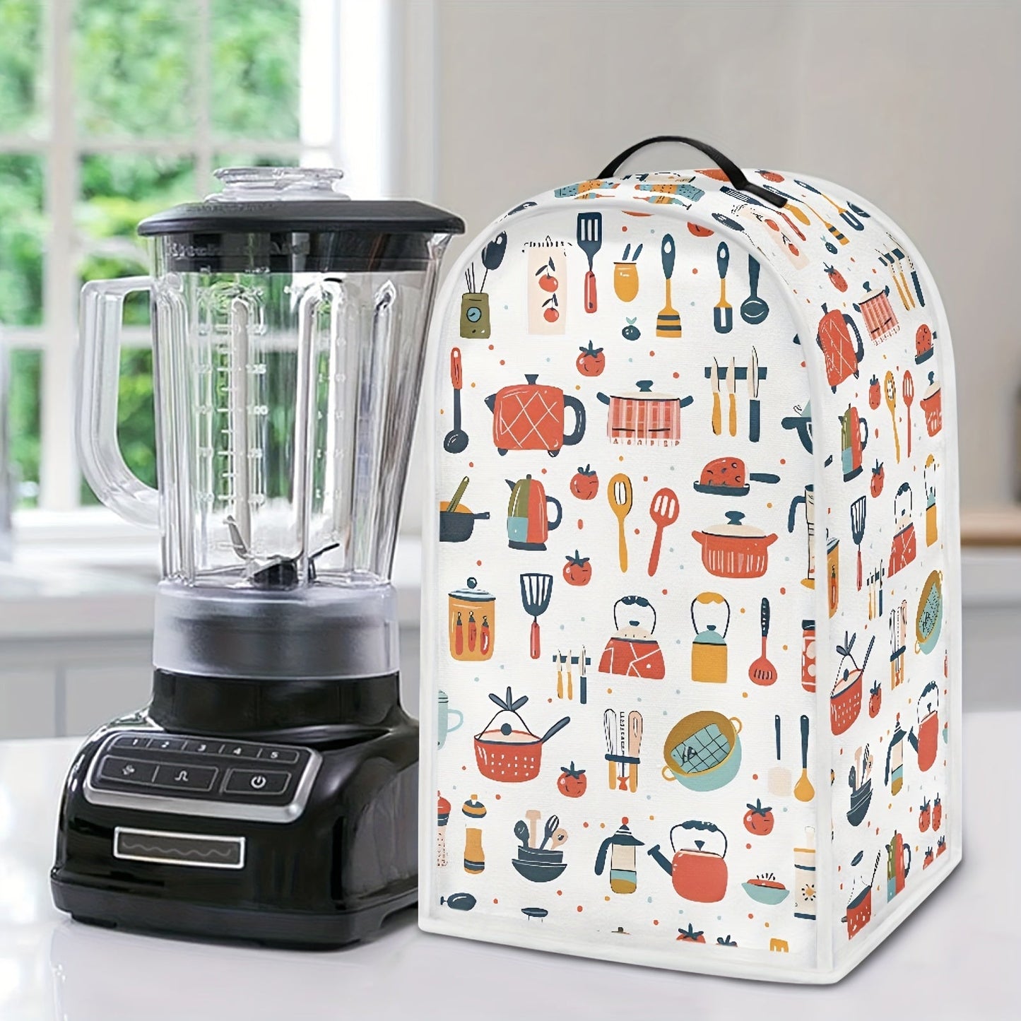 Cartoon-themed kitchen appliance cover for blender, stand mixer, coffee maker, juicers, and food processors. Features top handle for easy handling and is stain-resistant for dust protection.