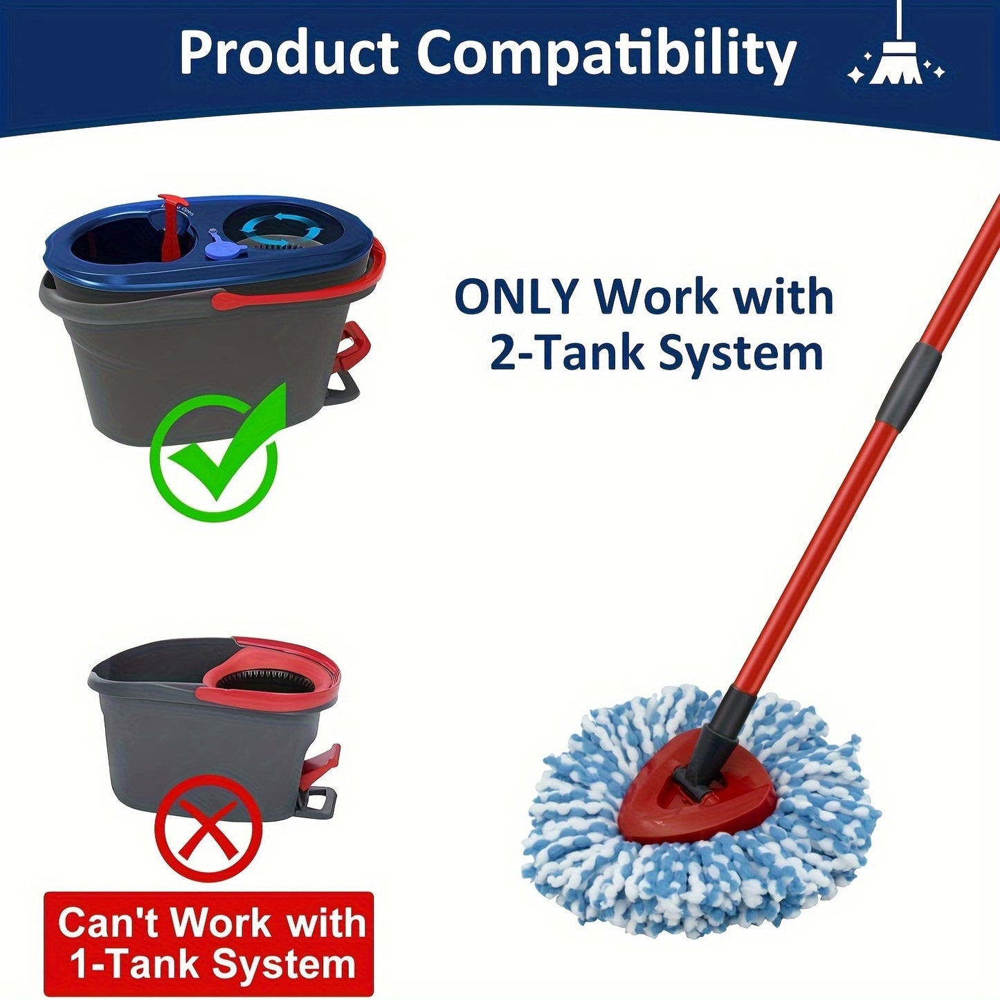 Get two pieces of Microfiber Spin Mop Refill Set with a sturdy 4-Section Iron Handle, compatible with O-Cedar EasyWring & RinseClean 2-Tank Systems. The handle is adjustable from 76.2cm to 147.32cm for effective floor cleaning.