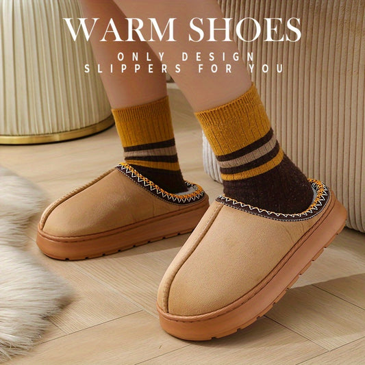 Warm and stylish beige flannel slippers for women with plush lining and striped cuff detail, suitable for indoor and outdoor wear.