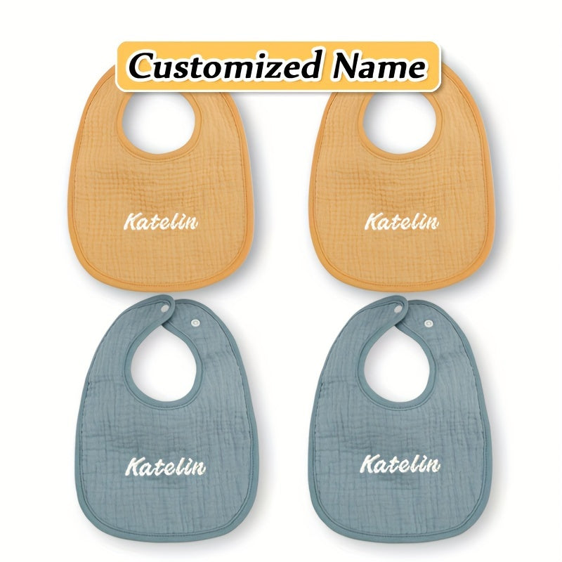 Set of four custom bibs with personalized names - made of soft, breathable, and highly absorbent material with adjustable snap closure. Perfect for newborns and makes a great gift for Christmas, New Year, or Halloween.