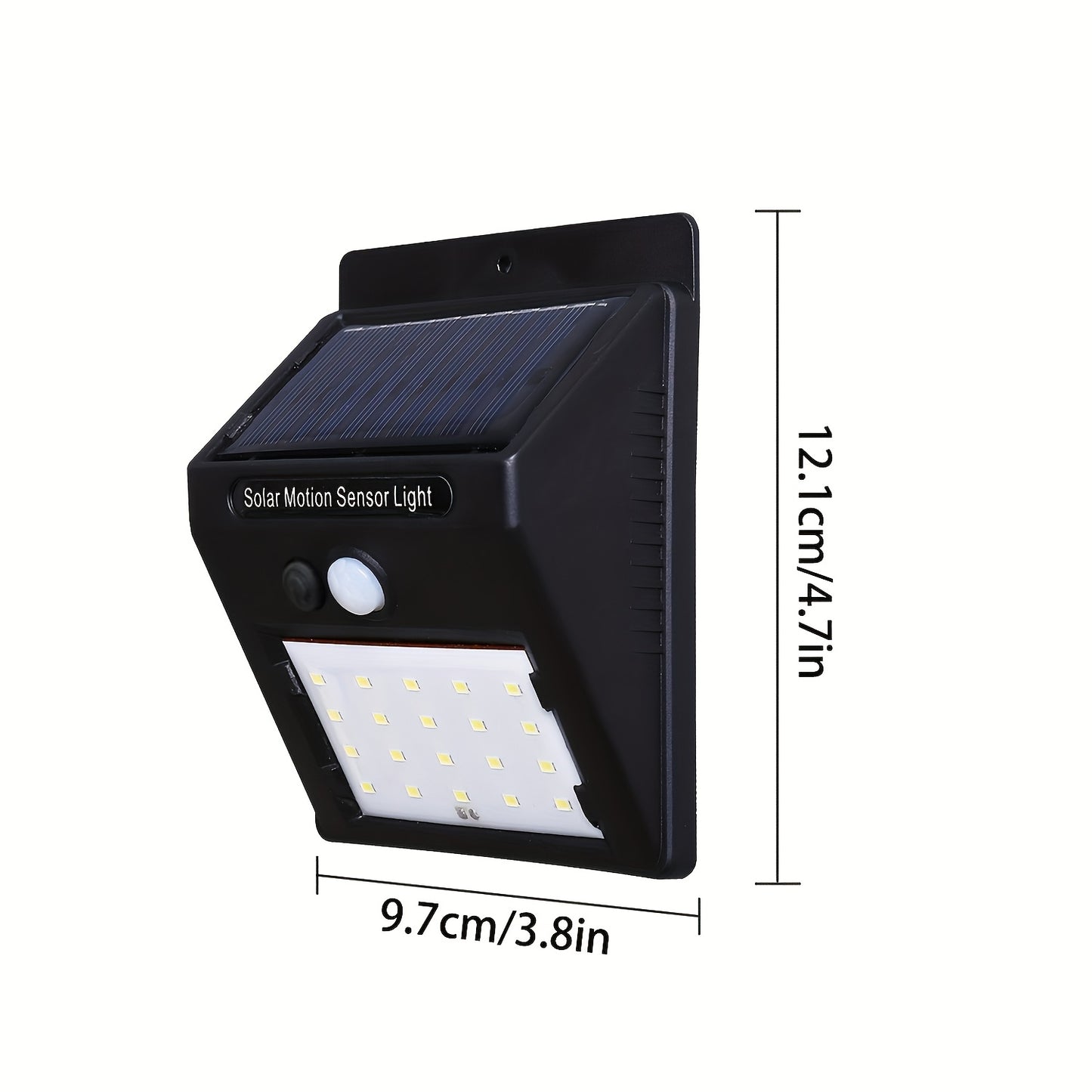 Outdoor solar motion sensor light with 120° wide angle lighting is suitable for courtyard, garden, garage, driveway, sidewalk, and patio deck.