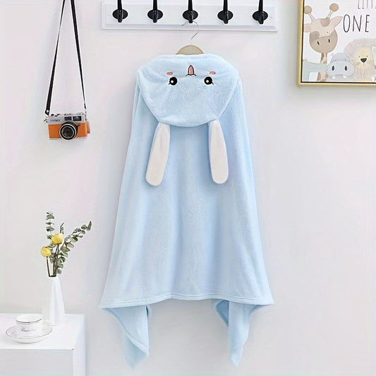 Soft and adorable rabbit hooded bath towel for kids - featuring a cute animal design. This highly absorbent towel is odorless and machine washable. Perfect for youngsters, measuring at 69.85x139.95 cm in blue color.