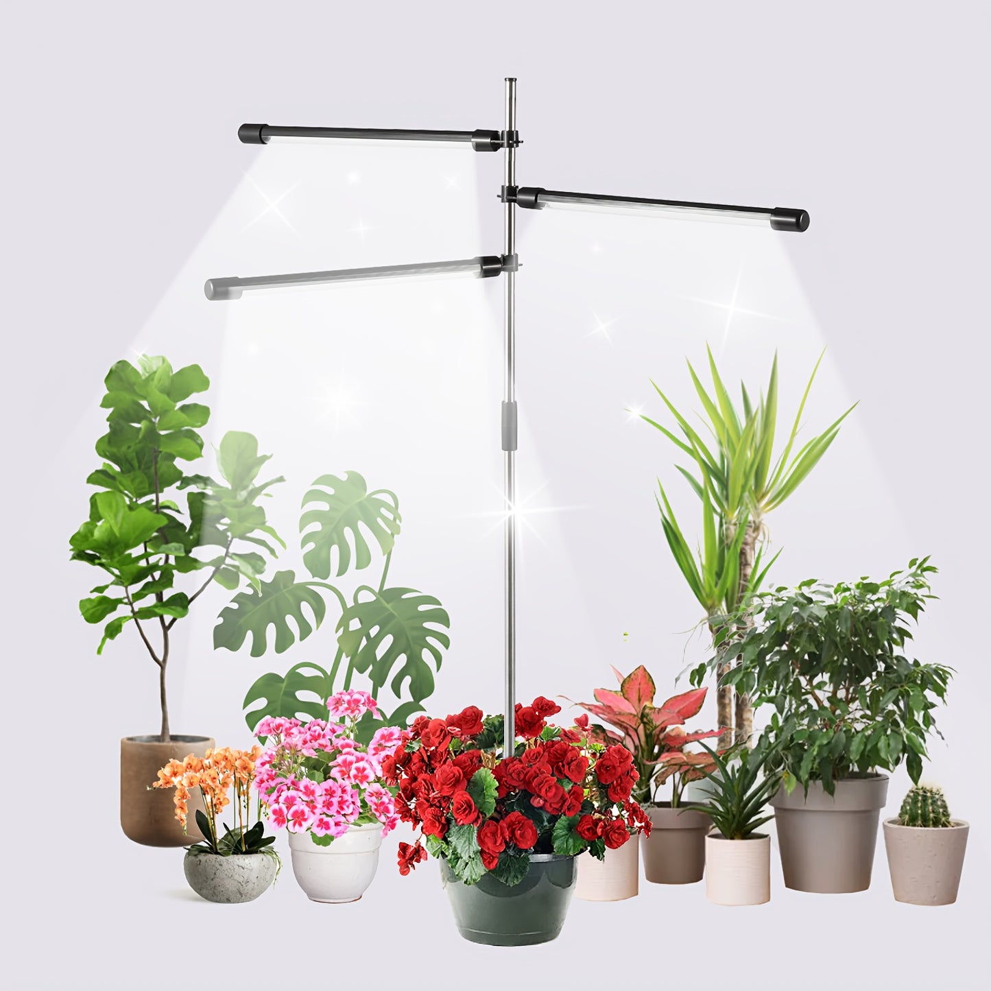 LED Plant Light with Full Spectrum for indoor plant growth, USB plug with 10 adjustable levels and automatic timer for 3, 9, and 12 hours.