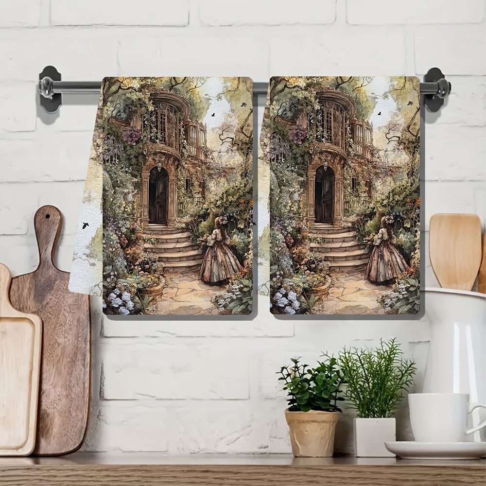 Upgrade your kitchen with a set of 2 ultra-soft towels inspired by the elegant beauty of a Victorian garden. These highly absorbent dish and hand towels are perfect for holiday decorations and are machine washable. Each towel measures 40.64X60.96 cm.