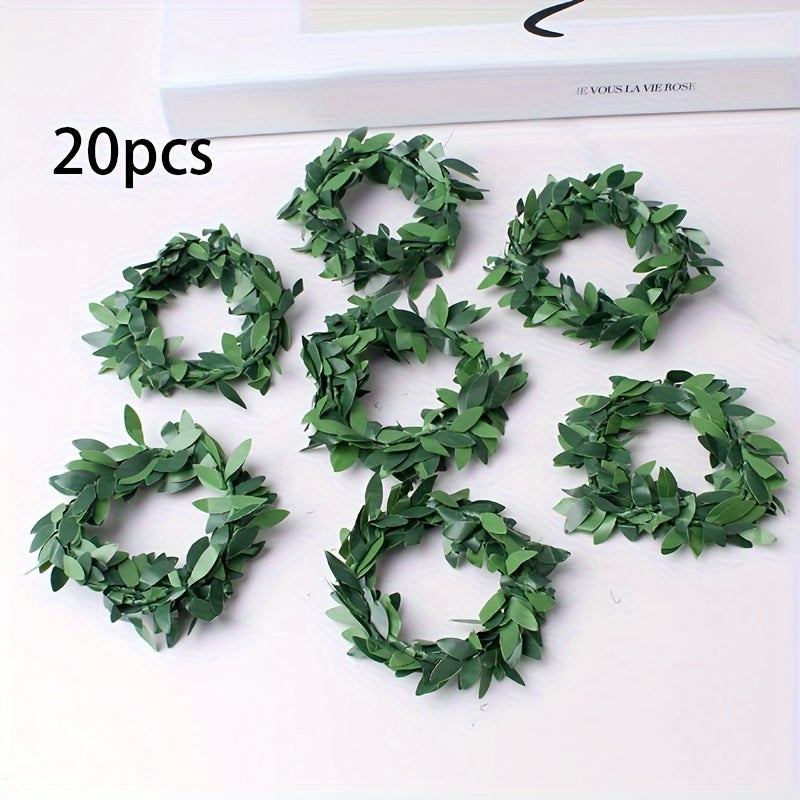 Set of 10, 6cm green leaf rattan ring napkin rings with PVC wire