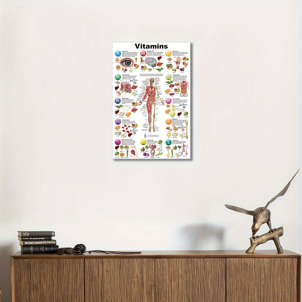 Educational unframed canvas wall art featuring labeled vitamins and anatomy, great for bedroom and living room decor, perfect gift for health enthusiasts.